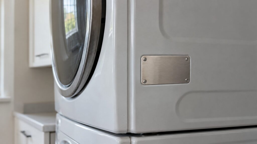 A close view of the rating plate with the model number on the side of an LG WashTower dryer section