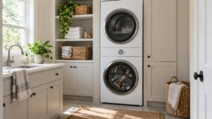 A tall LG WashTower in a bright laundry room, a front-load washer under a dryer with a single central control panel