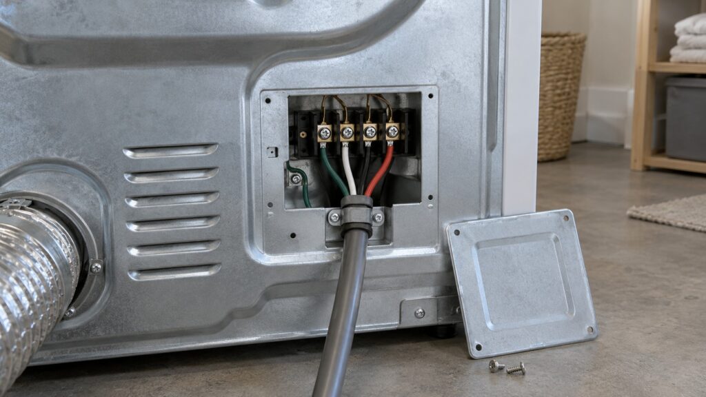 The rear of an LG electric dryer with the terminal cover removed, showing the terminal block and a four-wire cord