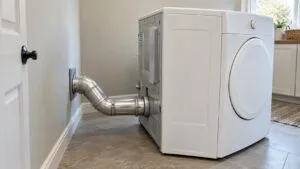 A white LG dryer pulled a short distance from the wall in a laundry room, a rigid metal vent duct connected to its rear