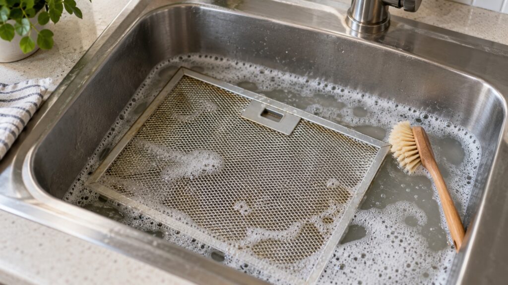 A metal mesh grease filter lying in a kitchen sink with warm soapy water and a soft brush beside it