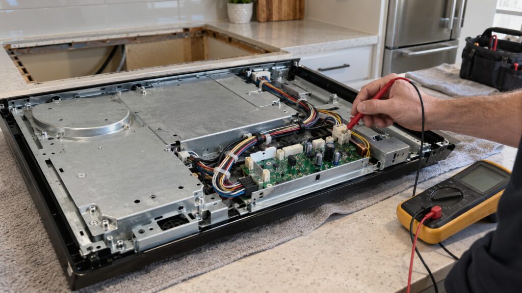 The underside of an LG cooktop removed from its countertop opening, showing the control board and wiring with a technician's multimeter probe on a connector