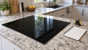 A black glass LG induction cooktop set into a stone countertop, a notepad and a tape measure resting beside it