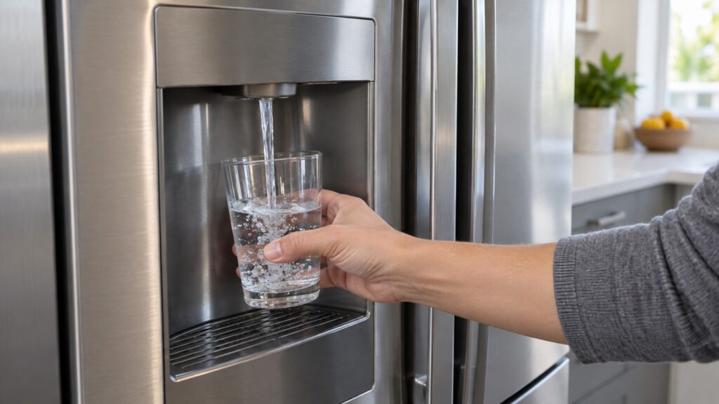 A glass being filled from the water dispenser of an LG refrigerator, the stream clear and strong