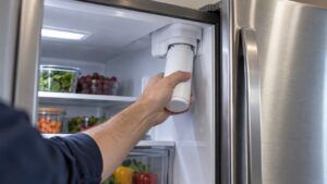 A hand twisting a white water filter cartridge into its housing inside a stainless LG French door refrigerator