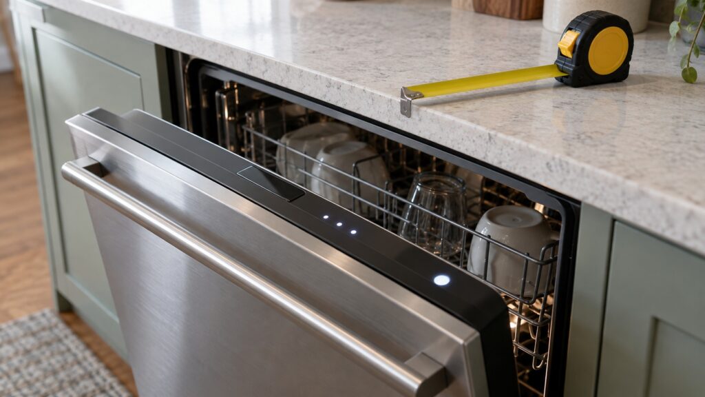 The top edge of an LG dishwasher door with a hidden control panel lit, beside a tape measure resting on the counter opening