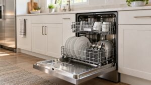 A stainless steel LG dishwasher with its door slightly open in a bright modern kitchen, racks loaded with clean dishes