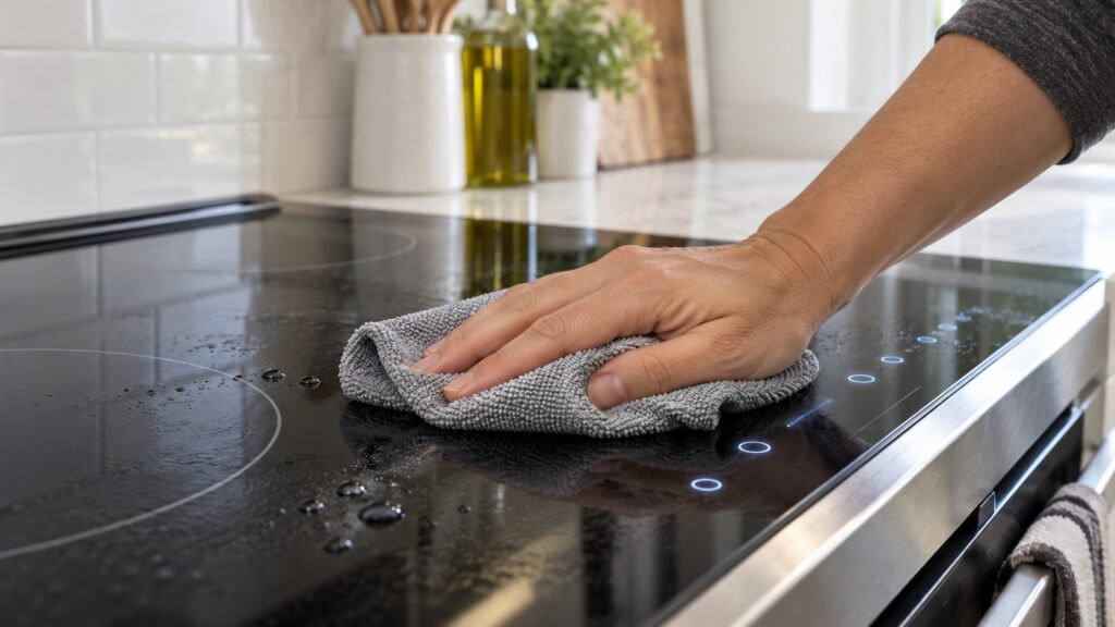 A soft cloth wiping a flat glass touch panel on a range, with a few water droplets visible near the lit key areas