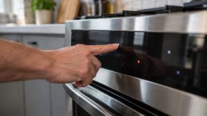 A fingertip touching a flat black glass control panel on a stainless LG range, the panel softly lit