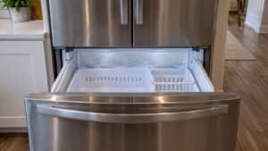 The open freezer drawer of a stainless LG French door refrigerator with a light frost haze on the back wall, soft kitchen light