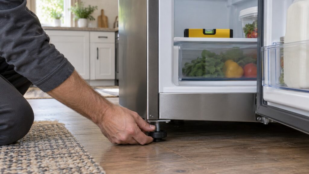 A hand adjusting the front leveling foot of a refrigerator with a small spirit level resting on a shelf inside the cabinet
