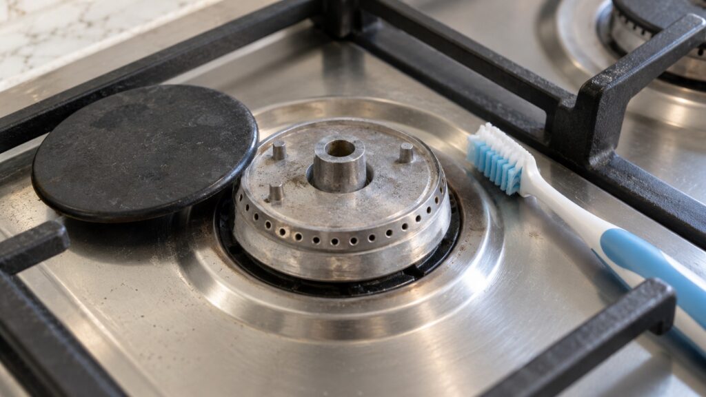 A close view of a gas burner head with the cap removed, showing the small ports around its rim and a soft toothbrush beside it