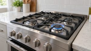 A clean LG gas range cooktop with one burner lit with a steady blue flame, grates and burner caps in place, bright kitchen