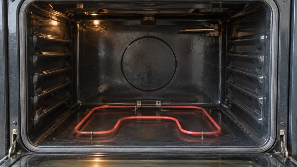 The empty cavity of a wall oven with a bake element glowing dull red along the bottom and a temperature sensor rod visible near the top