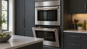 A built-in stainless steel LG double wall oven set into dark cabinetry in a quiet kitchen, one door slightly open