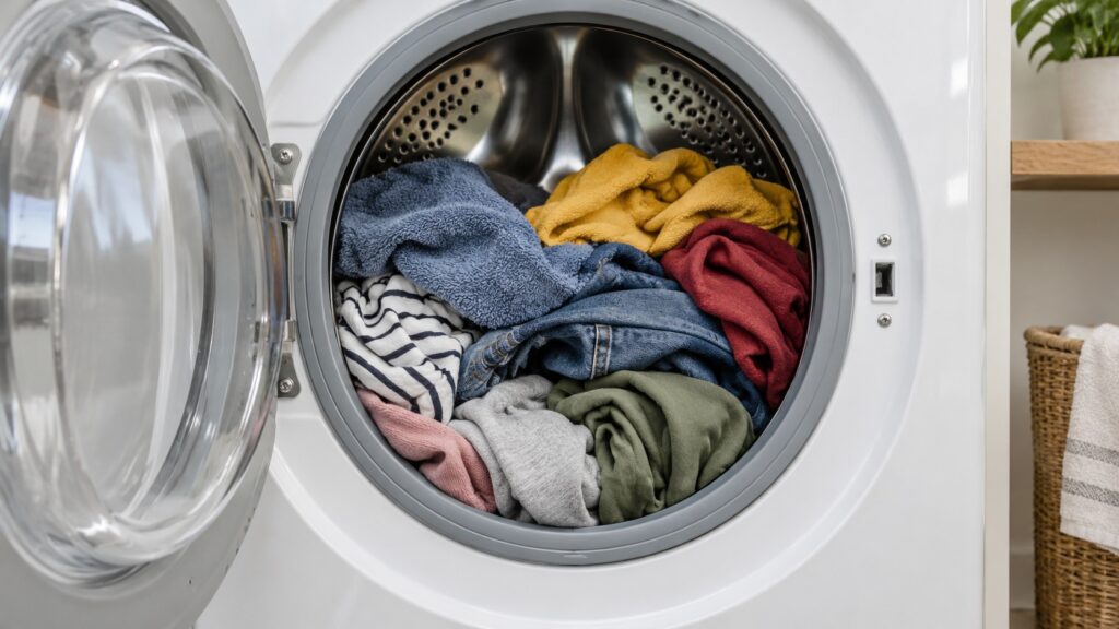 The open drum of a front-load washer loosely filled with colorful clothes to about three-quarters of its height