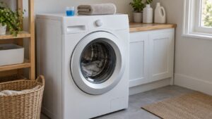 A white LG front-load washer in a tidy laundry room with a measuring cap of liquid detergent and a folded towel on top