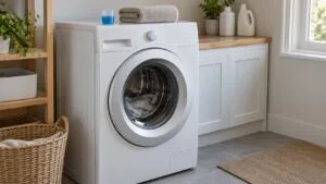 A white LG front-load washer in a tidy laundry room with a measuring cap of liquid detergent and a folded towel on top