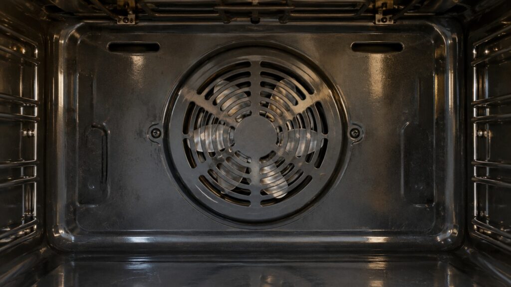 The back wall of an empty oven cavity with its round convection fan cover and a metal fan blade visible behind the grille