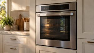 A stainless steel LG wall oven with its door closed and its control panel softly lit, warm light from a kitchen window falling across it