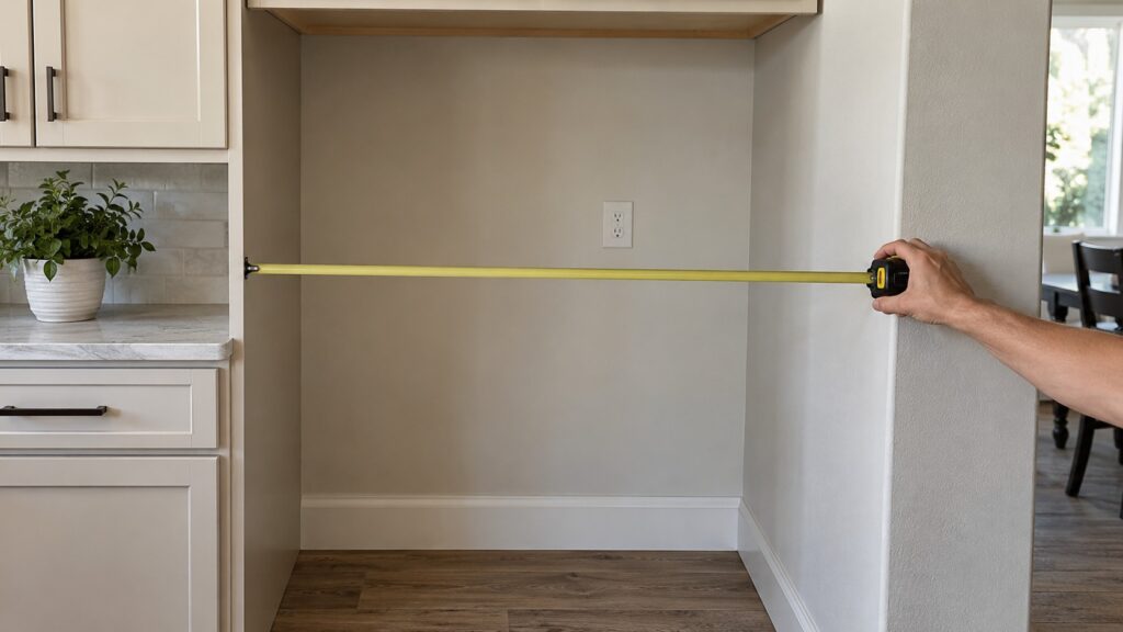 A tape measure held across the gap between kitchen cabinets and the side wall of an empty refrigerator opening