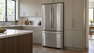 A stainless steel refrigerator standing nearly flush with the cabinet fronts in a bright modern kitchen