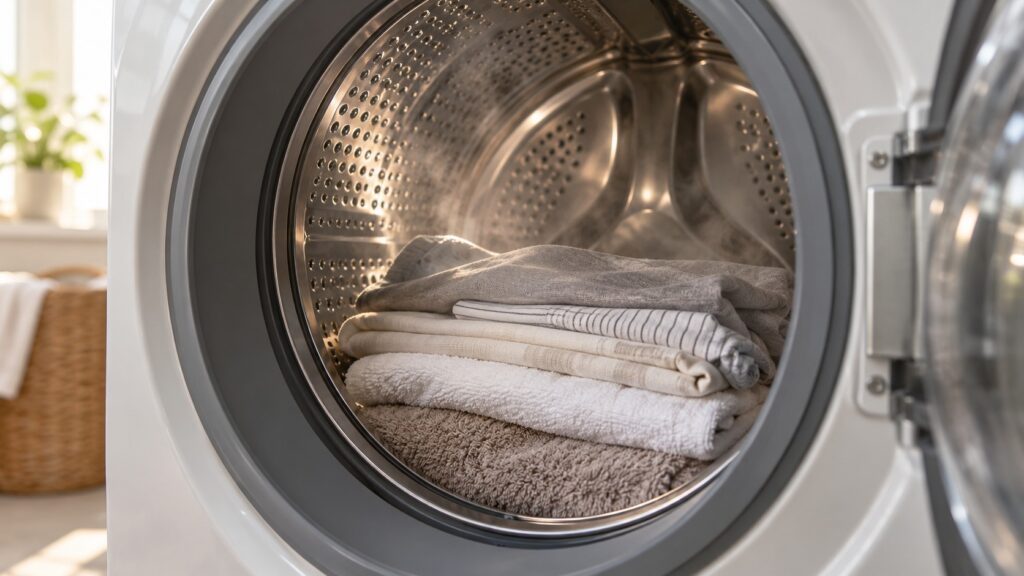 A close-up of a washer drum with folded laundry inside and a soft haze of steam above it