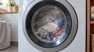 The glass door of a front-load washer with a drum of clothes behind it and a faint haze of steam