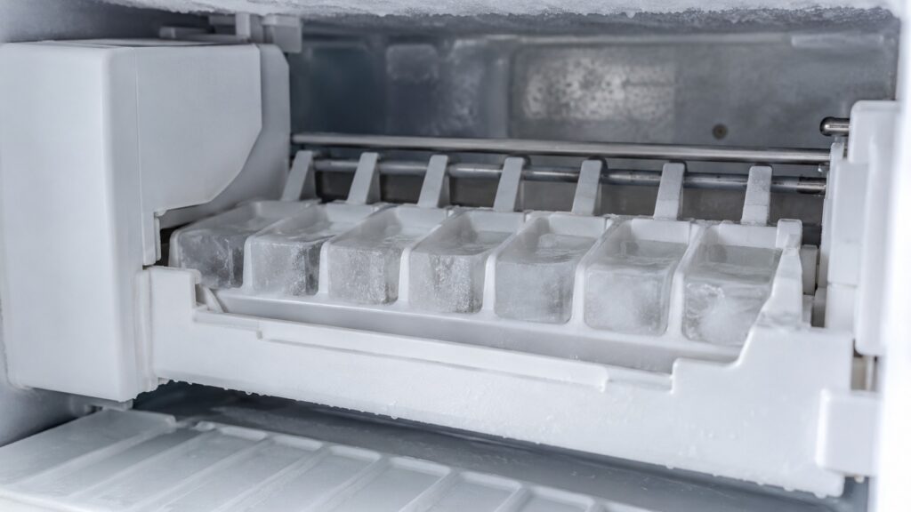 A close-up of an ice maker tray with a mold for ice cubes inside a freezer compartment
