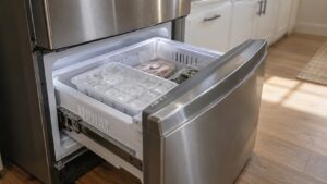 An open freezer drawer of a refrigerator with a tray of clear ice cubes inside