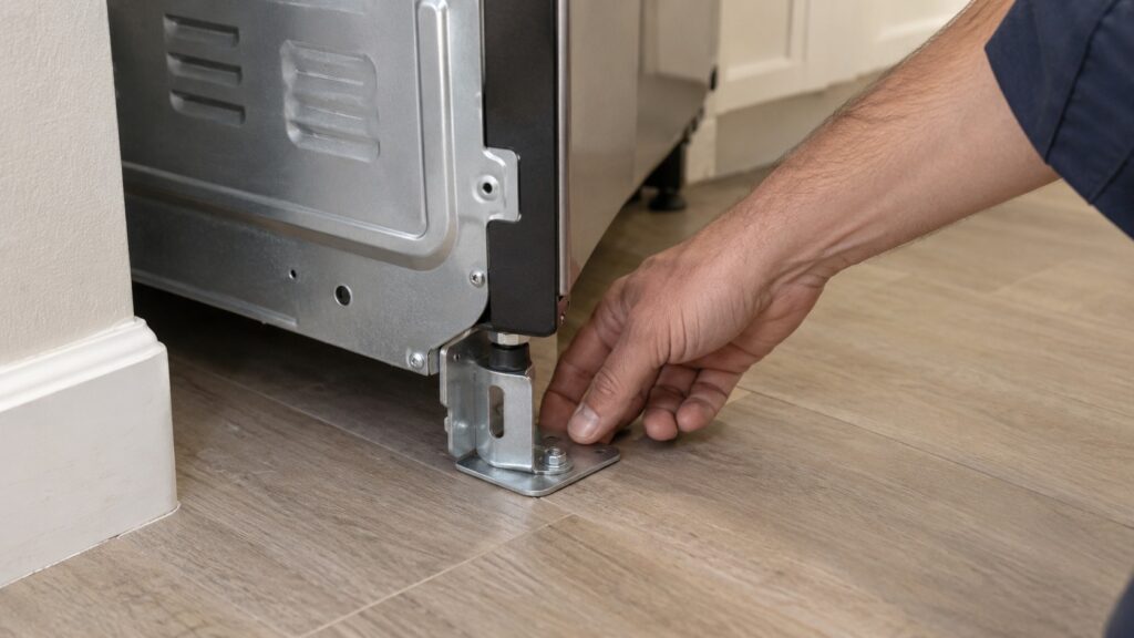 A hand reaching to the lower rear of a range where an anti-tip bracket attaches to the floor