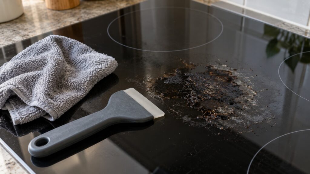 A soft scraper and a cloth beside a dark stain on a black glass cooktop surface