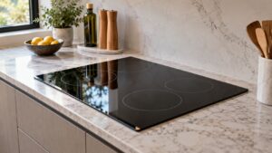 A black glass cooktop with a shiny clean surface in a modern kitchen