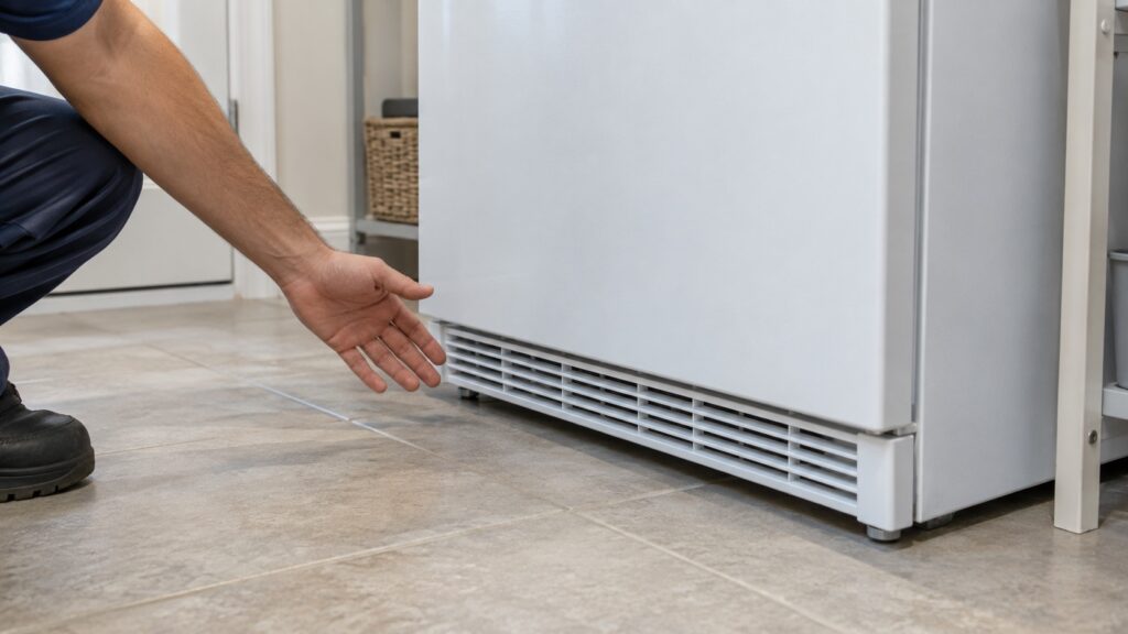 A hand near the lower grille of an upright freezer where the compressor compartment sits