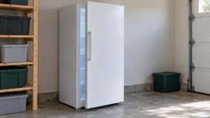 A tall upright freezer in a garage with its door slightly open