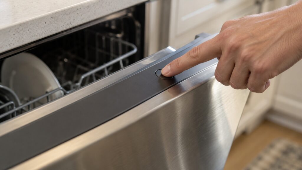 A fingertip pressing a power button on the top edge of a dishwasher door