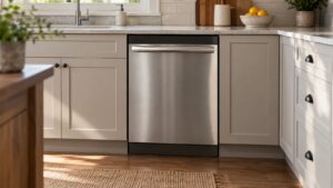 A stainless steel dishwasher with its door closed and a dark control panel in a modern kitchen