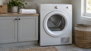 A white dryer in a laundry room with a folded towel beside it