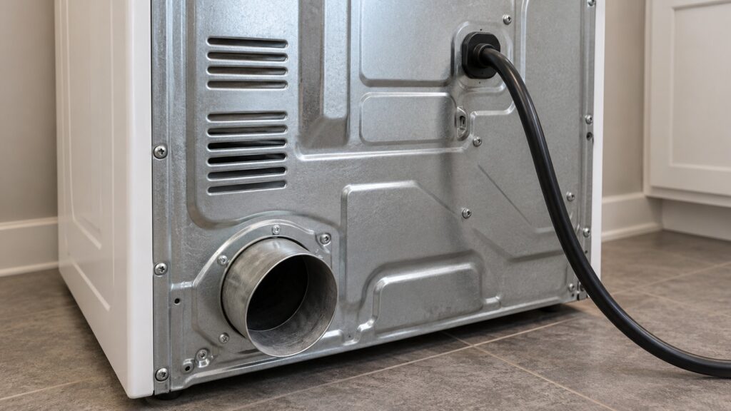 A close-up of the back of a clothes dryer showing the round exhaust outlet and a thick power cord