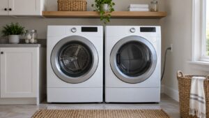 Two clothes dryers side by side in a bright laundry room with a wall outlet visible beside them