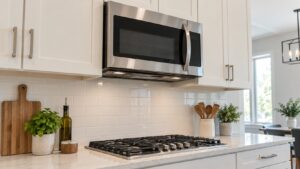 A stainless over-the-range microwave above a cooktop in a bright kitchen, the vent grille visible on its underside