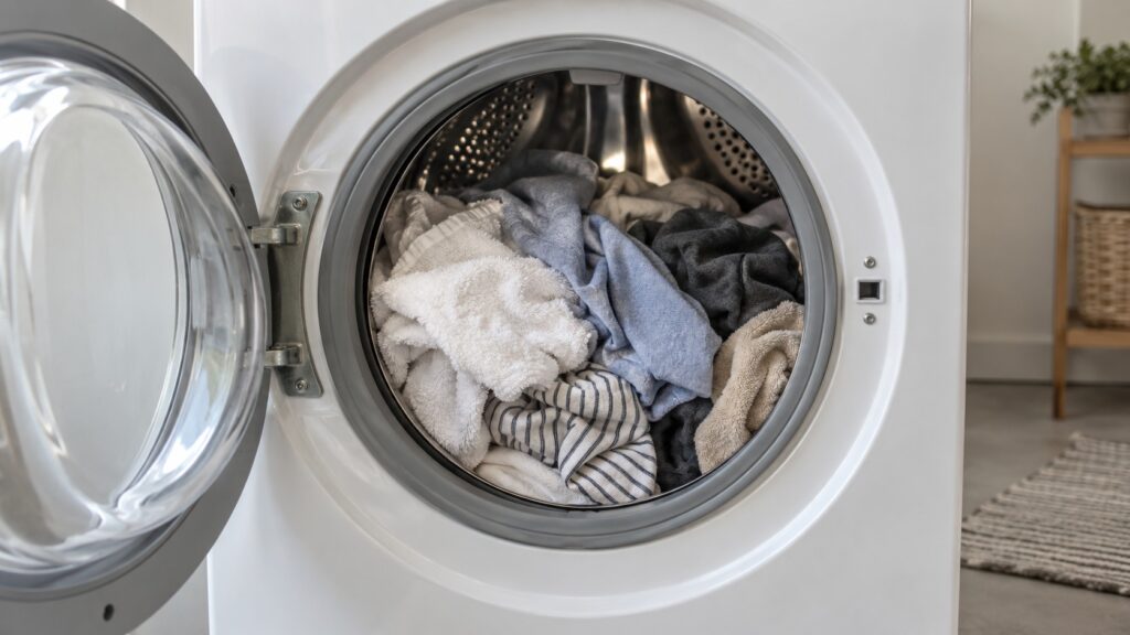 A washer drum filled about two thirds with soft mixed laundry seen through the open door
