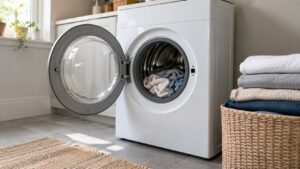 A front-load washer with its round door open and a small pile of folded laundry beside it