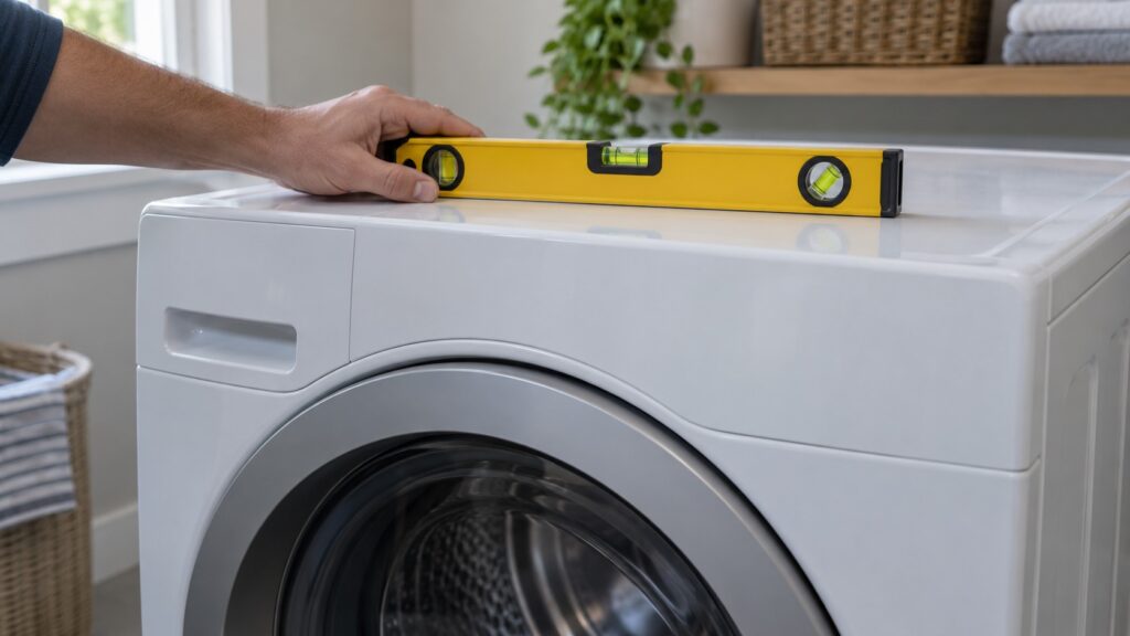 A hand holding a spirit level on the top surface of a front-load washer