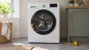 A front-load washer standing on a level laundry room floor with a tape measure lying beside it