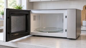 A clean microwave cavity with an empty round glass tray, door open, in a tidy kitchen
