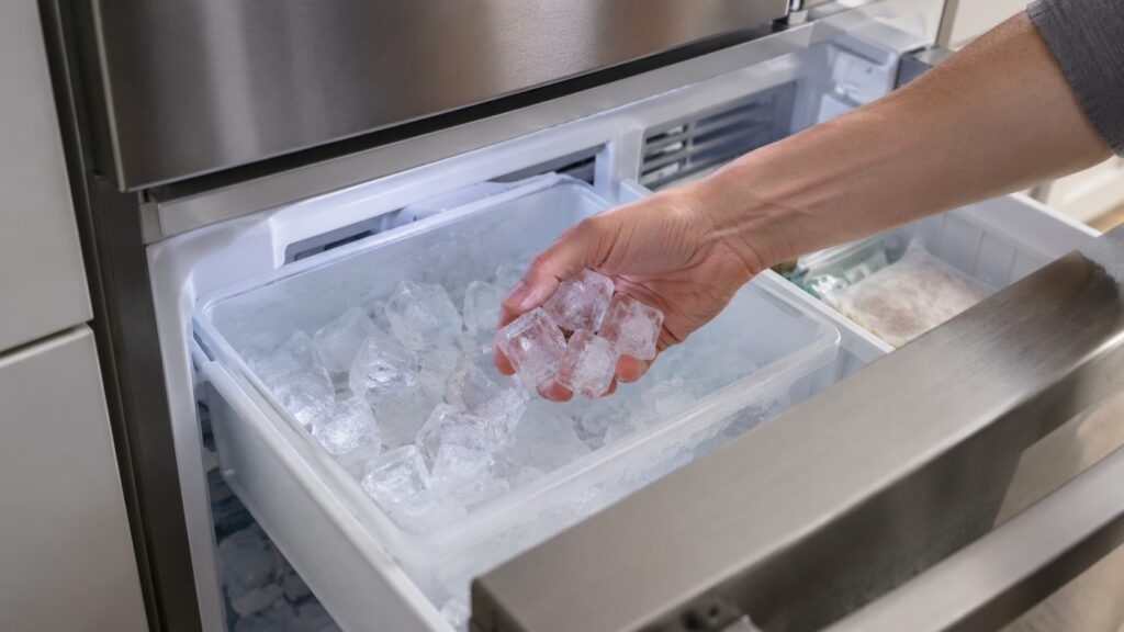 A hand scooping clear ice cubes from an ice bin in an open freezer drawer