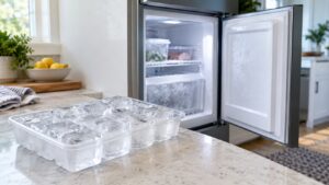 A tray of clear ice cubes beside an open freezer door in a bright kitchen