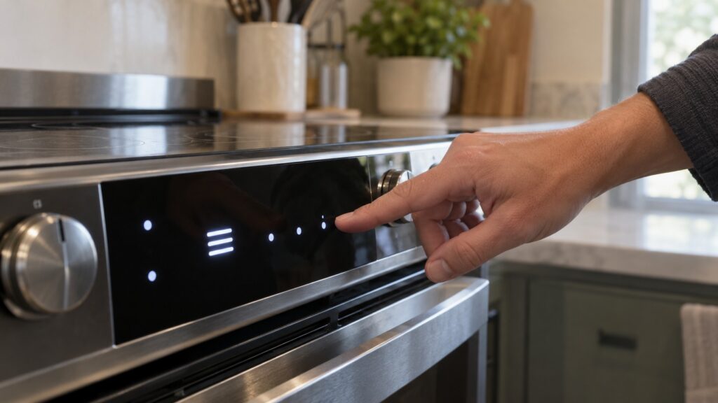 A fingertip resting near the glass touch panel of a range beside its lit display
