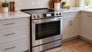 A stainless slide-in range with a softly lit clock display on its control panel in a bright kitchen